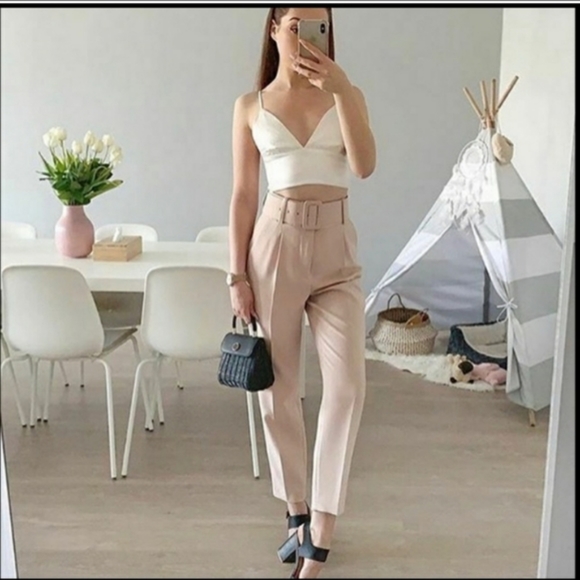 Zara | Pants u0026 Jumpsuits | Zara High Waisted Pants With Textured Belt |  Poshmark